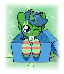 Size: 1029x1200 | Tagged: dead source, safe, artist:php142, oc, oc only, oc:alope ruby aspendale, pony, unicorn, blue eyes, blushing, box, clothes, cute, drawing, one eye closed, pony in a box, present, socks, solo, striped socks, wink