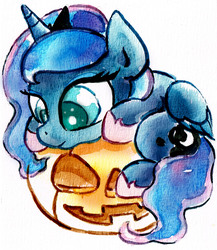 Size: 1678x1937 | Tagged: safe, artist:mashiromiku, part of a set, princess luna, alicorn, pony, g4, colored pupils, crown, cute, female, hoof shoes, jewelry, lunabetes, mare, part of a series, pumpkin, regalia, solo, traditional art, watercolor painting