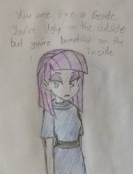 Size: 570x746 | Tagged: safe, artist:kabayo, maud pie, equestria girls, g4, clothes, colored, dialogue, dress, eyeshadow, female, makeup, open mouth, pencil drawing, simple background, solo, traditional art, white background