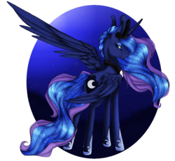 Size: 932x856 | Tagged: safe, artist:symphstudio, artist:theeclipticlion, princess luna, alicorn, pony, g4, big ears, collaboration, cutie mark, ethereal mane, female, jewelry, lidded eyes, looking at you, mare, night, one wing out, open collaboration, regalia, simple background, solo, starry mane, stars, transparent background