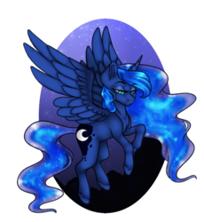 Size: 752x818 | Tagged: safe, artist:micky-ann, artist:theeclipticlion, princess luna, alicorn, pony, collaboration, cutie mark, ethereal mane, female, flying, lidded eyes, mare, missing accessory, night, open collaboration, simple background, solo, starry mane, stars, transparent background