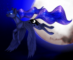 Size: 2560x2100 | Tagged: safe, artist:theeclipticlion, princess luna, alicorn, pony, g4, cutie mark, ethereal mane, eyes closed, eyeshadow, female, flying, full moon, high res, makeup, mare, missing accessory, moon, redraw, solo, space, starry mane, stars, windswept mane