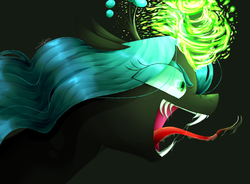 Size: 1900x1400 | Tagged: safe, artist:puppies4lana, queen chrysalis, changeling, changeling queen, g4, black background, bust, crown, drool, eye clipping through hair, fangs, female, forked tongue, glowing horn, horn, jewelry, magic, open mouth, portrait, profile, regalia, simple background, solo