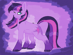 Size: 809x611 | Tagged: safe, artist:theeclipticlion, twilight sparkle, earth pony, pony, g4, abstract background, coat markings, cutie mark, dock, earth pony twilight, female, g5 concept leak style, g5 concept leaks, looking sideways, mare, ms paint, one eye closed, smiling, solo, twilight sparkle (g5 concept leak)