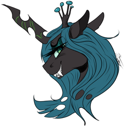 Size: 2115x2147 | Tagged: safe, artist:theeclipticlion, edit, queen chrysalis, changeling, changeling queen, g4, bust, cropped, crown, eyeshadow, fangs, female, floppy ears, grin, high res, jewelry, looking at you, makeup, regalia, simple background, smiling, solo, white background