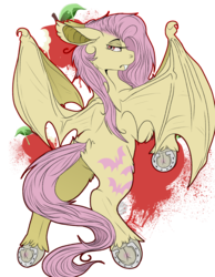 Size: 2016x2598 | Tagged: safe, artist:theeclipticlion, fluttershy, bat pony, pony, g4, apple, bat ponified, big ears, cutie mark, fangs, female, floppy ears, flutterbat, flying, food, high res, horseshoes, lidded eyes, looking back, mare, race swap, rear view, simple background, solo, spread wings, transparent background, underhoof, wing claws, wings