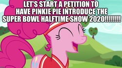 Size: 1280x720 | Tagged: safe, edit, edited screencap, screencap, pinkie pie, earth pony, pony, buckball season, g4, american football, caption, excessive exclamation marks, image macro, meme, petition, pinktails pie, super bowl, text