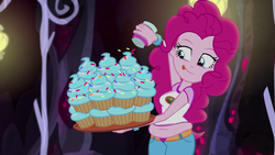 Size: 1280x720 | Tagged: safe, edit, edited screencap, screencap, pinkie pie, human, equestria girls, g4, my little pony equestria girls: legend of everfree, belly, belly button, chubby, cupcake, cute, diapinkes, fat, fat edit, female, food, frosting, junk food, muffin top, plump, ponk, pudgy pie, solo, tongue out
