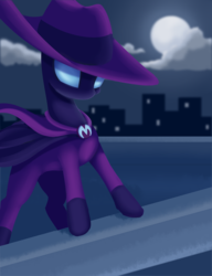 Size: 1935x2523 | Tagged: safe, artist:dusthiel, mare do well, pony, g4, the mysterious mare do well, city, cityscape, clothes, costume, female, moon, night, solo