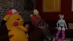 Size: 1920x1080 | Tagged: safe, artist:sevenxninja, derpibooru exclusive, oc, oc:love biscuit, pikachu, unicorn, anthro, 3d, clothes, coca-cola, confused, couch, gmod, hat, picture, picture frame, pokémon, pyro (tf2), relaxing, sitting, socks, striped socks, team fortress 2, wat