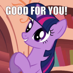 Size: 360x360 | Tagged: safe, edit, edited screencap, screencap, twilight sparkle, pony, g4, look before you sleep, animated, caption, clapping, clapping ponies, cropped, female, gif, gif with captions, golden oaks library, good for you, image macro, meme, solo, text