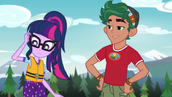 Size: 1920x1080 | Tagged: safe, screencap, sci-twi, timber spruce, twilight sparkle, equestria girls, g4, my little pony equestria girls: legend of everfree, camp everfree outfits, clothes, female, glasses, lifejacket, ponytail, shorts