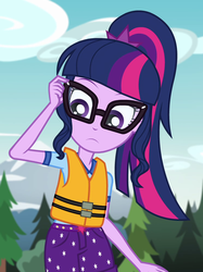 Size: 744x994 | Tagged: safe, screencap, sci-twi, twilight sparkle, equestria girls, g4, my little pony equestria girls: legend of everfree, camp everfree outfits, clothes, cropped, female, glasses, lifejacket, ponytail, shorts