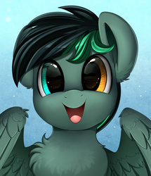 Size: 1722x2003 | Tagged: safe, artist:pridark, oc, oc only, oc:target strike, pegasus, pony, bust, chest fluff, commission, happy, heterochromia, looking at you, multicolored eyes, open mouth, portrait, solo