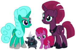 Size: 1636x1080 | Tagged: safe, alternate version, artist:徐詩珮, fizzlepop berrytwist, glitter drops, grubber, tempest shadow, oc, oc:betty pop, alicorn, pony, g4, my little pony: the movie, alicornified, background removed, family, female, happy family, hoof shoes, jewelry, lesbian, magical lesbian spawn, mother and daughter, next generation, offspring, parent:glitter drops, parent:tempest shadow, parents:glittershadow, race swap, ship:glittershadow, shipping, simple background, transparent background