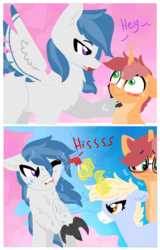 Size: 640x1000 | Tagged: safe, artist:nootaz, oc, oc only, oc:delta dart, oc:game guard, oc:nootaz, hippogriff, pony, unicorn, angry, bad pony, dialogue, female, flirting, funny, gay, glasses, glowing horn, hippogriff oc, horn, jealous, magic, magic aura, male, protecting, ship:gametaz, size difference, spray bottle, straight, talons