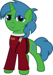 Size: 952x1344 | Tagged: safe, artist:electrochoc, oc, oc:alope ruby aspendale, pony, unicorn, blue eyes, clothes, redshirt, star trek, star trek ii: the wrath of khan, uniform