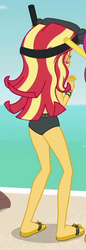 Size: 336x979 | Tagged: safe, screencap, sunset shimmer, equestria girls, g4, my little pony equestria girls: better together, unsolved selfie mysteries, ass, beach shorts swimsuit, bikini, bunset shimmer, butt, clothes, cropped, dive mask, fanservice, feet, female, flip-flops, goggles, legs, sandals, snorkel, solo, sunset shimmer's beach shorts swimsuit, swimsuit