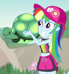 Size: 866x933 | Tagged: safe, screencap, rainbow dash, tank, aww... baby turtles, equestria girls, g4, my little pony equestria girls: better together, belly button, cap, clothes, cropped, cute, dashabetes, hat, midriff, rainbow dash's beach shorts swimsuit, shorts, sleeveless, smiling, swimsuit