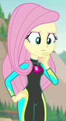 Size: 550x1004 | Tagged: safe, screencap, fluttershy, aww... baby turtles, equestria girls, equestria girls series, g4, clothes, cropped, female, fluttershy's wetsuit, geode of fauna, hand on hip, magical geodes, solo, swimsuit, wetsuit