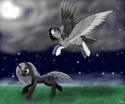 Size: 3600x3005 | Tagged: safe, artist:arynalba, oc, oc only, oc:ghost quill, oc:silhouette, pegasus, pony, unicorn, 2014, cloud, eyes closed, flying, full moon, grass, high res, moon, night, open mouth, rain, smiling, stars