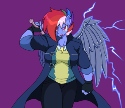 Size: 1281x1103 | Tagged: safe, artist:droll3, rainbow dash, anthro, g4, alternate hairstyle, alternate timeline, alternate universe, amputee, apocalypse dash, artificial wings, augmented, big breasts, breasts, busty rainbow dash, clothes, coat, crossover, crystal war timeline, devil may cry, devil may cry 5, female, fingerless gloves, gloves, mechanical wing, nero (devil may cry), prosthetic limb, prosthetic wing, prosthetics, simple background, solo, spark, sword, torn ear, uniform, weapon, wings, wonderbolts uniform