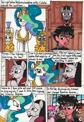 Size: 2069x2984 | Tagged: safe, artist:newyorkx3, chancellor neighsay, princess celestia, oc, oc:tommy, human, comic:young days, g4, comic, dialogue, high res, royal guard, traditional art