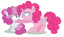 Size: 1616x952 | Tagged: safe, artist:browniepawyt, pinkie pie, oc, oc:poppy sprinkle, earth pony, pony, unicorn, g4, female, filly, mother and daughter, offspring, parent:party favor, parent:pinkie pie, parents:partypie, simple background, transparent background