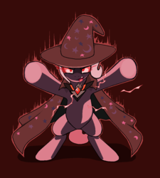 Size: 1012x1122 | Tagged: safe, artist:droll3, trixie, pony, g4, alicorn amulet, aura, bust, cape, cloak, clothes, corrupted, glowing eyes, hat, portrait, raised hoof, red eyes, simple background, standing, trixie's cape, trixie's hat, unlimited power
