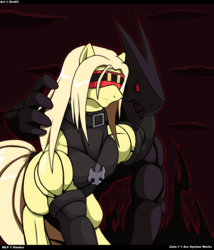 Size: 1132x1324 | Tagged: safe, artist:droll3, pony, beast, blindfold, collar, darkness, duo, eddie, guilty gear, guilty gear xrd, muscles, ponified, red eyes, zato-1, zato-one