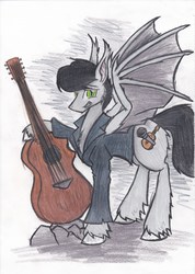 Size: 2480x3480 | Tagged: safe, artist:zubias, oc, oc only, oc:suede moon, bat pony, pony, acoustic guitar, clothes, high res, male, musical instrument, shirt, solo, stallion, traditional art