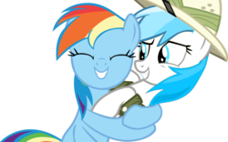 Size: 900x560 | Tagged: safe, artist:snowy-arc, rainbow dash, oc, oc:lesa castle, pegasus, pony, g4, female, hat, hug, mare, pith helmet, simple background, transparent background, vector