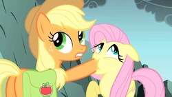 Size: 1280x720 | Tagged: safe, screencap, applejack, fluttershy, pony, dragonshy, g4, duo, floppy ears, hoof in mouth, saddle bag