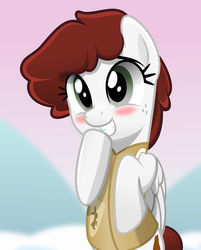 Size: 600x747 | Tagged: safe, artist:jhayarr23, oc, oc only, oc:graph travel, pegasus, pony, g4, winter wrap up, blushing, clothes, female, freckles, mare, smiling, snickering, snow, solo, vest, winter wrap up vest