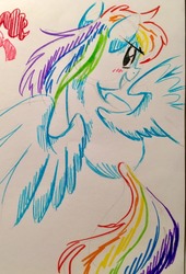 Size: 870x1280 | Tagged: safe, artist:kluzart, rainbow dash, pegasus, pony, g4, female, mare, smiling, solo, spread wings, traditional art, wings