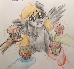 Size: 1280x1200 | Tagged: safe, artist:kluzart, derpy hooves, pegasus, pony, g4, blushing, cute, female, food, hand, mare, muffin, simple background, smiling, solo focus, spread wings, traditional art, wings