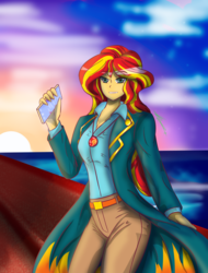 Size: 2669x3508 | Tagged: safe, artist:mantarwolf, sunset shimmer, equestria girls, g4, cellphone, clothes, female, geode of empathy, high res, magical geodes, pants, phone, shirt, smiling, solo, water