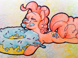 Size: 1280x956 | Tagged: safe, artist:kluzart, pinkie pie, earth pony, pony, g4, abstract background, blushing, donut, eating, eyes closed, female, food, licking, mare, smiling, solo, sprinkles, tongue out, traditional art