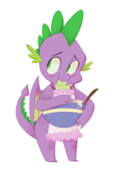 Size: 2754x4051 | Tagged: safe, artist:jellynut, spike, dragon, g4, apron, blushing, clothes, cute, male, naked apron, simple background, smiling, solo, spikabetes, transparent background, winged spike, wings