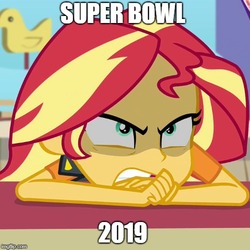 Size: 500x500 | Tagged: safe, edit, edited screencap, screencap, sunset shimmer, equestria girls, equestria girls specials, g4, my little pony equestria girls: better together, my little pony equestria girls: rollercoaster of friendship, american football, angry, caption, female, frown, glare, gritted teeth, image macro, imgflip, leaning, meme, opinion, rage, solo, super bowl, text, wide eyes