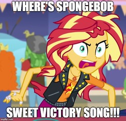 Size: 518x499 | Tagged: safe, edit, edited screencap, screencap, sunset shimmer, equestria girls, equestria girls specials, g4, my little pony equestria girls: better together, my little pony equestria girls: rollercoaster of friendship, american football, angry, band geeks, geode of empathy, imgflip, magical geodes, meme, spongebob squarepants, super bowl, super bowl liii