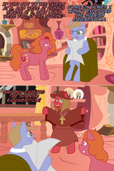 Size: 1067x1602 | Tagged: safe, artist:tumble-trotter, oc, oc:charity, oc:cordovan, oc:pun, earth pony, pony, ask pun, ask, clothes, female, male, mare, monty python, newspaper, spanish inquisition, stallion