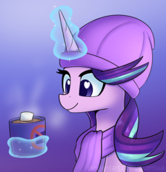 Size: 852x888 | Tagged: safe, artist:puetsua, starlight glimmer, pony, unicorn, g4, clothes, female, glowing horn, hat, heart eyes, horn, magic, mare, scarf, smiling, solo, telekinesis, wingding eyes