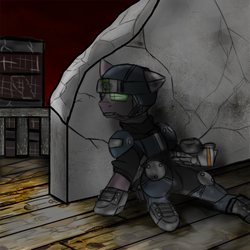 Size: 1000x1000 | Tagged: safe, artist:devorierdeos, oc, oc only, earth pony, pony, fallout equestria, armor, fanfic, fanfic art, gun, hooves, male, ruins, sitting, solo, squire, stallion, steel ranger, weapon