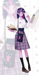Size: 730x1417 | Tagged: dead source, safe, artist:麻尾, part of a set, twilight sparkle, human, equestria girls, g4, book, clipboard, cutie mark accessory, elf ears, female, horn, horned humanization, humanized, my little pony logo, pencil, solo, zoom layer