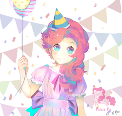 Size: 982x932 | Tagged: dead source, safe, artist:豆菌tokun, pinkie pie, earth pony, human, pony, g4, balloon, confetti, cute, diapinkes, female, hat, humanized, looking at you, mare, party hat, solo