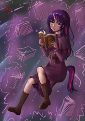 Size: 2894x4093 | Tagged: dead source, safe, artist:艾露elf, twilight sparkle, human, g4, book, female, horn, horned humanization, humanized, solo, tailed humanization