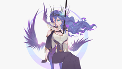 Size: 2133x1200 | Tagged: dead source, safe, alternate version, artist:xxiee, princess luna, human, g4, alicorn humanization, clothes, dress, female, horn, horned humanization, humanized, solo, winged humanization, wings