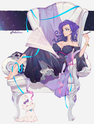 Size: 907x1200 | Tagged: dead source, safe, artist:xxiee, opalescence, rarity, cat, human, g4, barefoot, big breasts, breasts, busty rarity, chair, cleavage, clothes, dress, feet, female, humanized, newspaper, pencil, ribbon