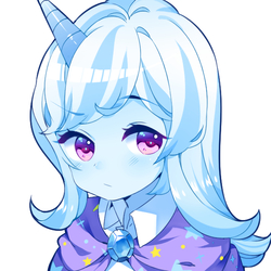 Size: 600x600 | Tagged: dead source, safe, artist:瑞博, trixie, human, g4, anime, cape, clothes, cute, diatrixes, female, horn, horned humanization, humanized, simple background, solo, trixie's cape, white background